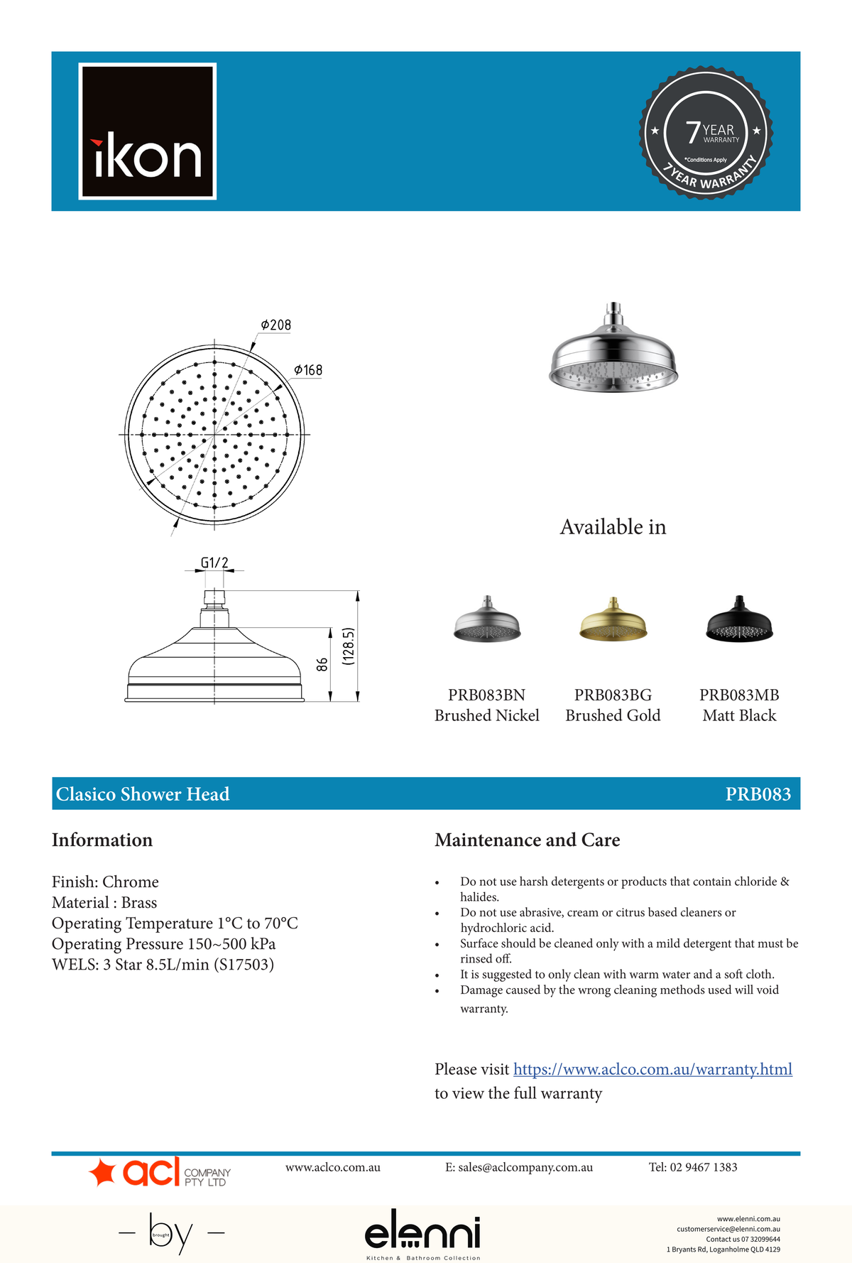 Clasico Shower Head Round 220mm - Elenni specification drawing