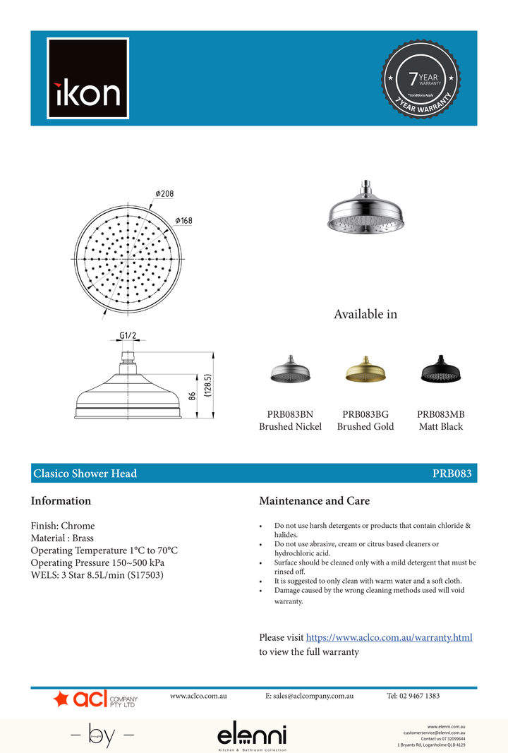 Clasico Shower Head Round 220mm - Elenni specification drawing