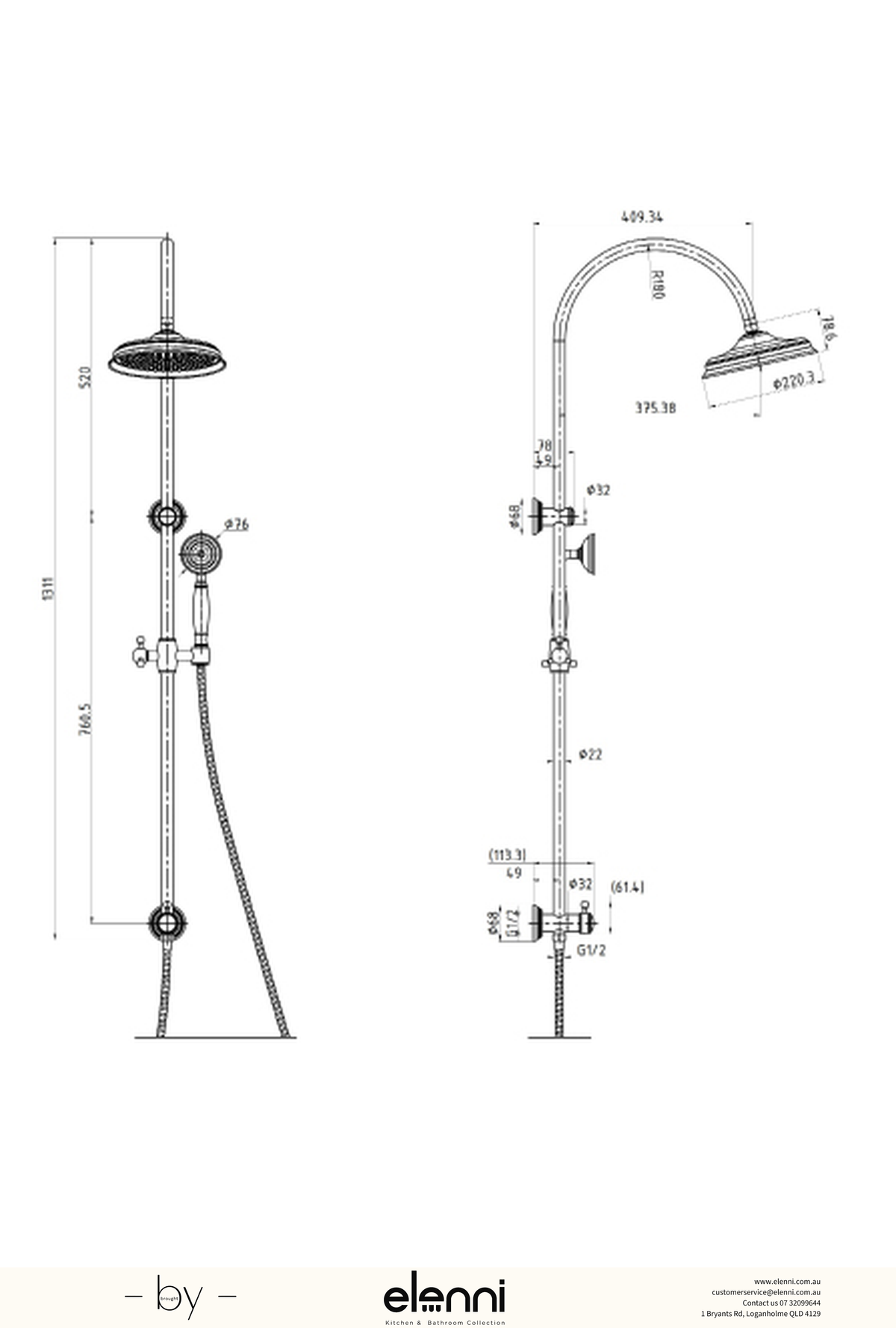 Clasico Shower Set - Elenni specification drawing