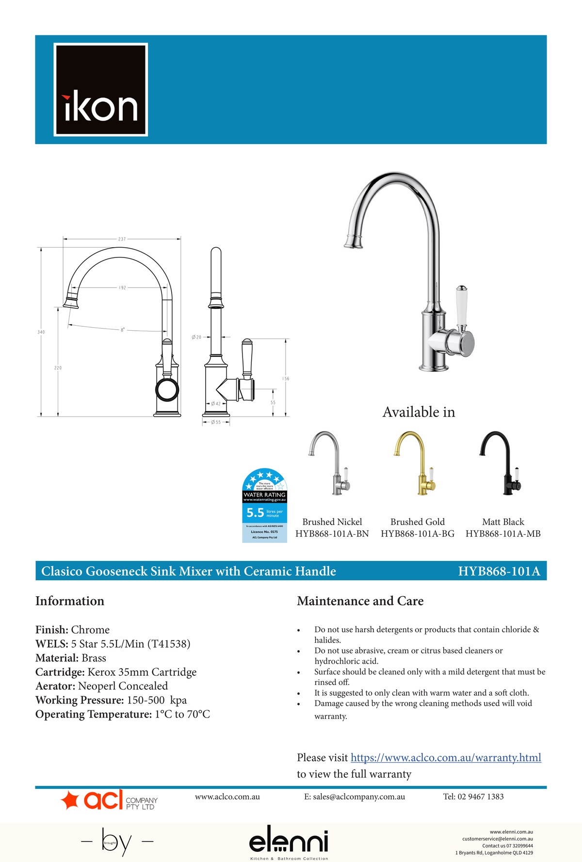 Clasico Sink Mixer Gooseneck / Ceramic Handle - Elenni specification drawing