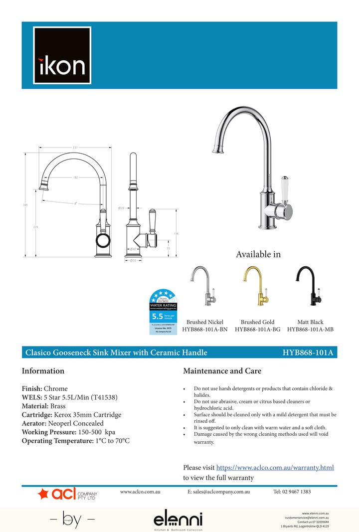 Clasico Sink Mixer Gooseneck / Ceramic Handle - Elenni specification drawing