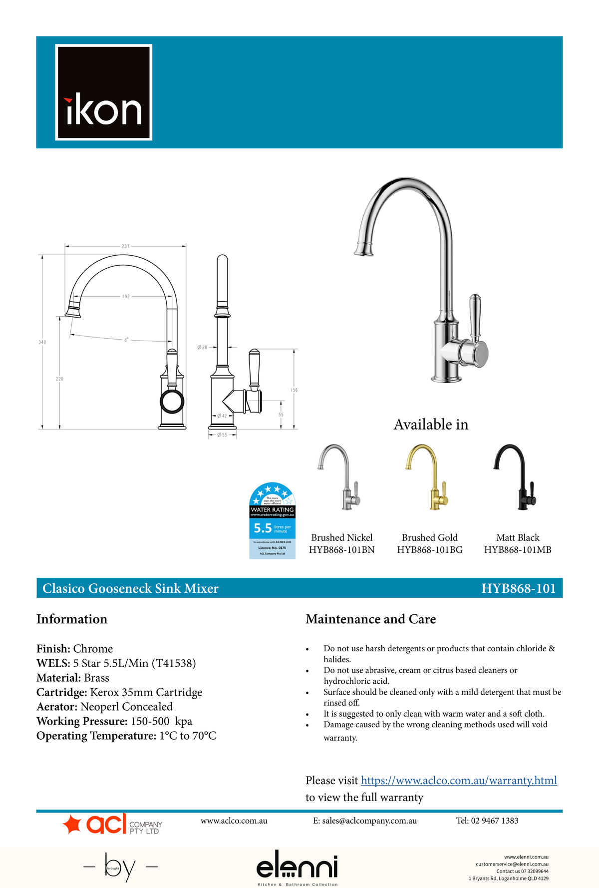 Clasico Sink Mixer Gooseneck - Elenni specification drawing