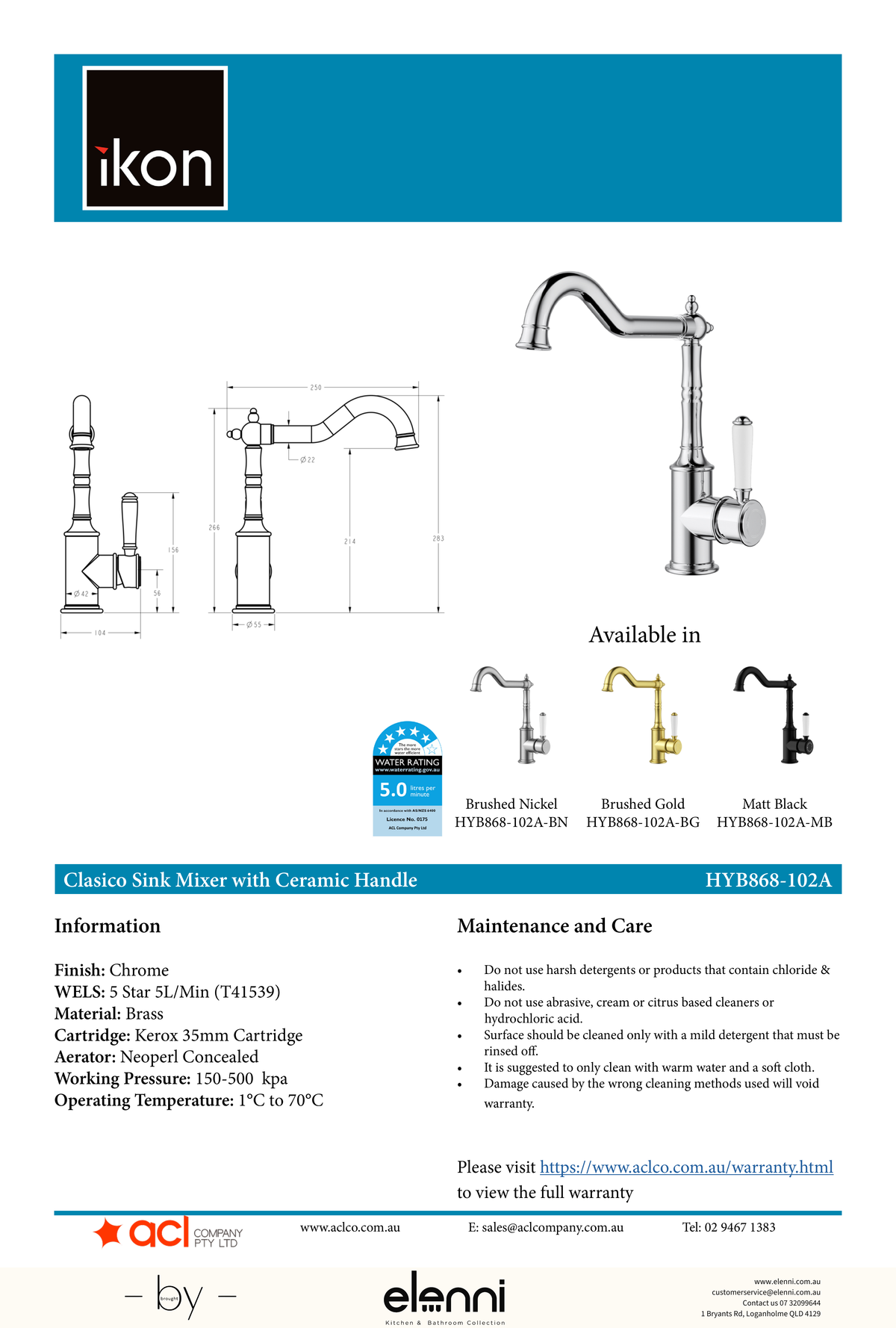 Clasico Sink Mixer Hook Spout / Ceramic Handle - Elenni specification drawing