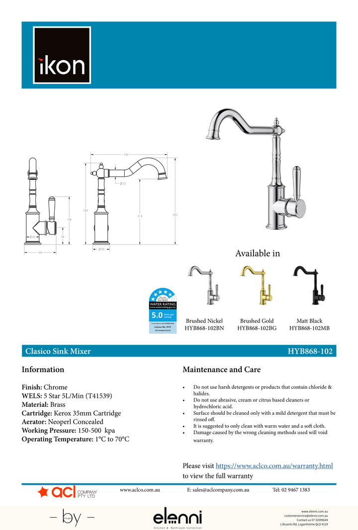 Clasico Sink Mixer Hook Spout - Elenni specification drawing