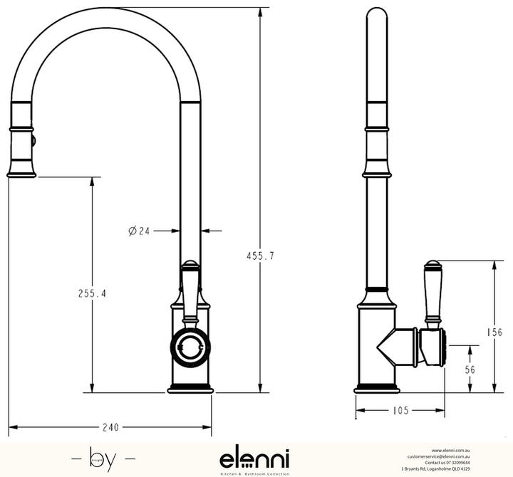 Clasico Sink Mixer Pull-Out - Elenni specification drawing