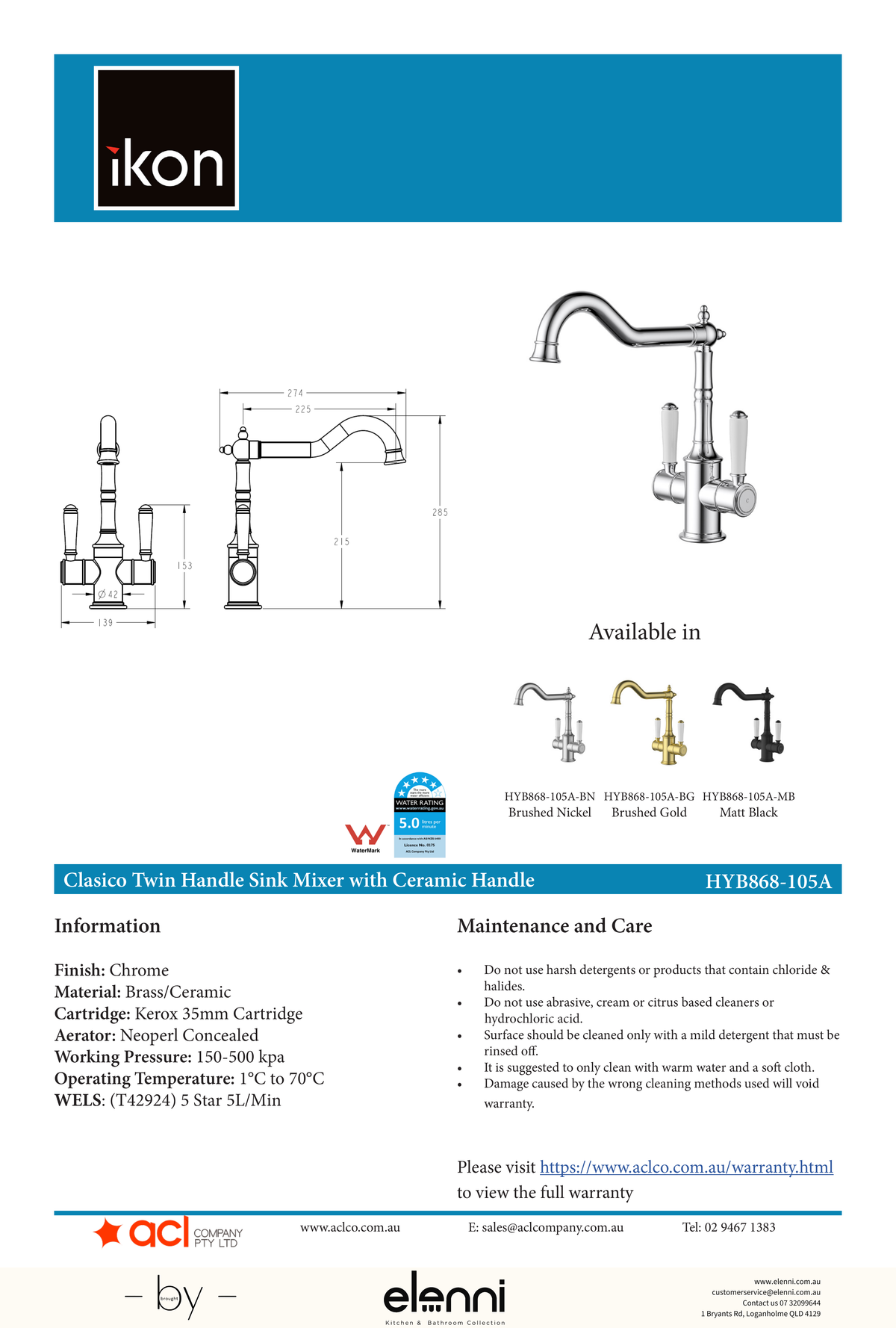 Clasico Sink Mixer Twin Handle / Ceramic Handle - Elenni specification drawing