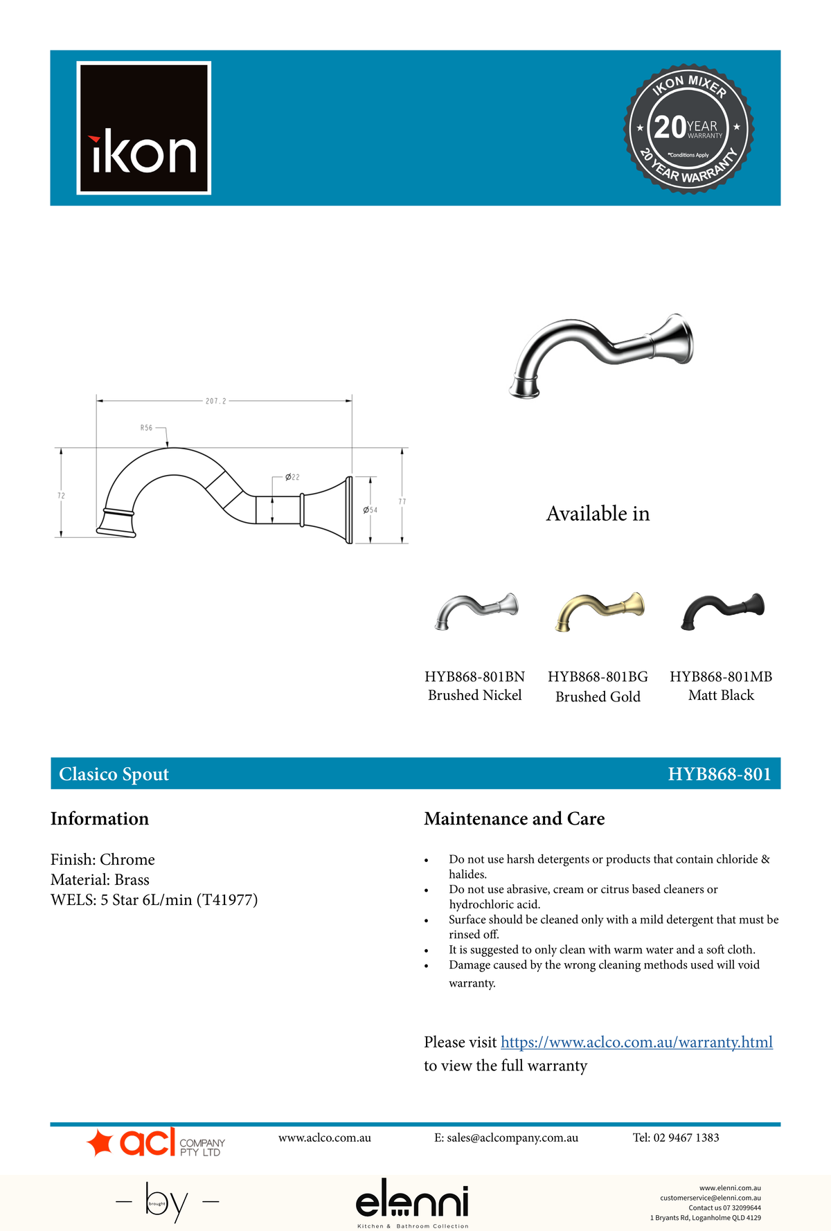 Clasico Spout - Elenni specification drawing
