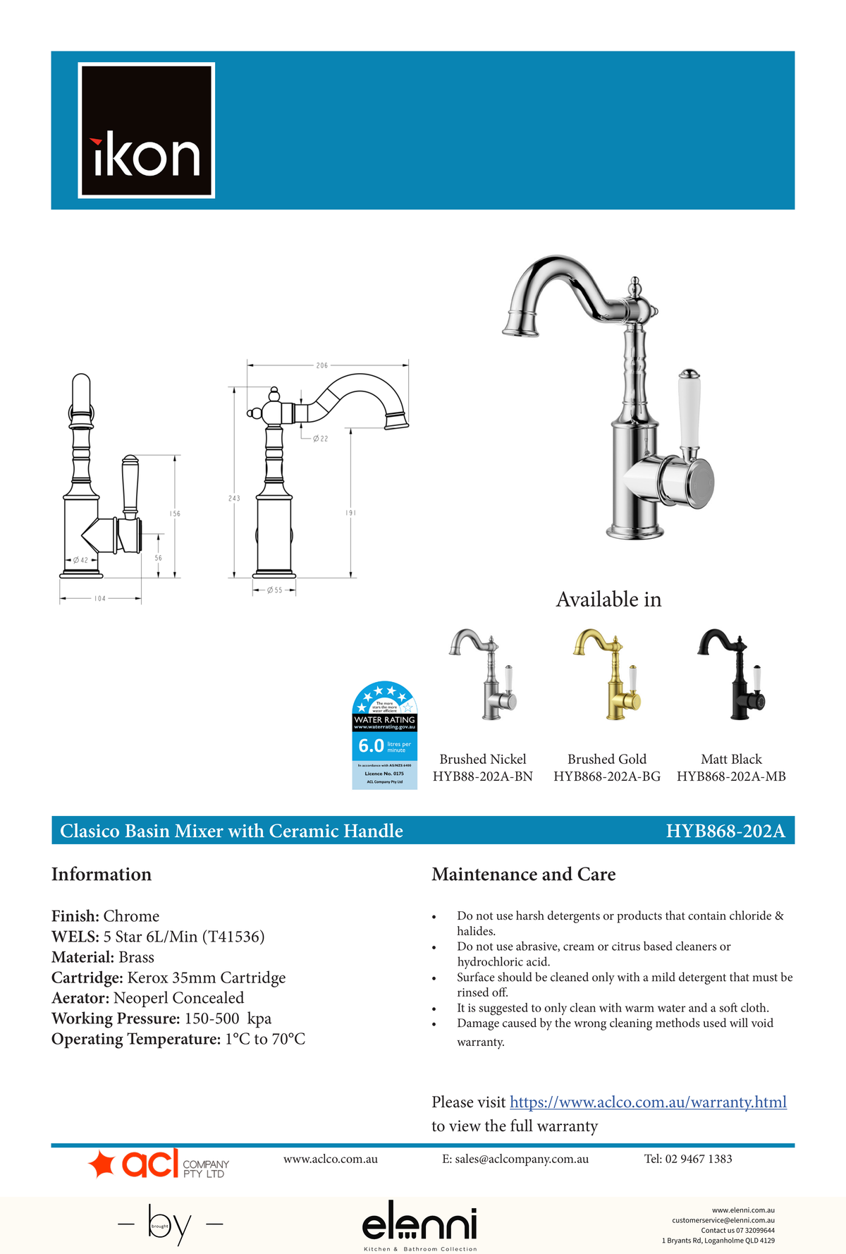Clasico Tall Basin Mixer Hook Spout / Ceramic Handle - Elenni specification drawing