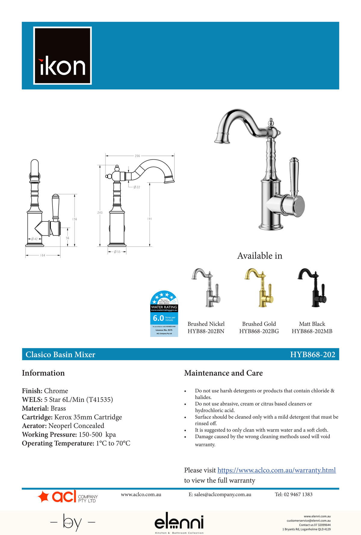 Clasico Tall Basin Mixer Hook Spout - Elenni specification drawing