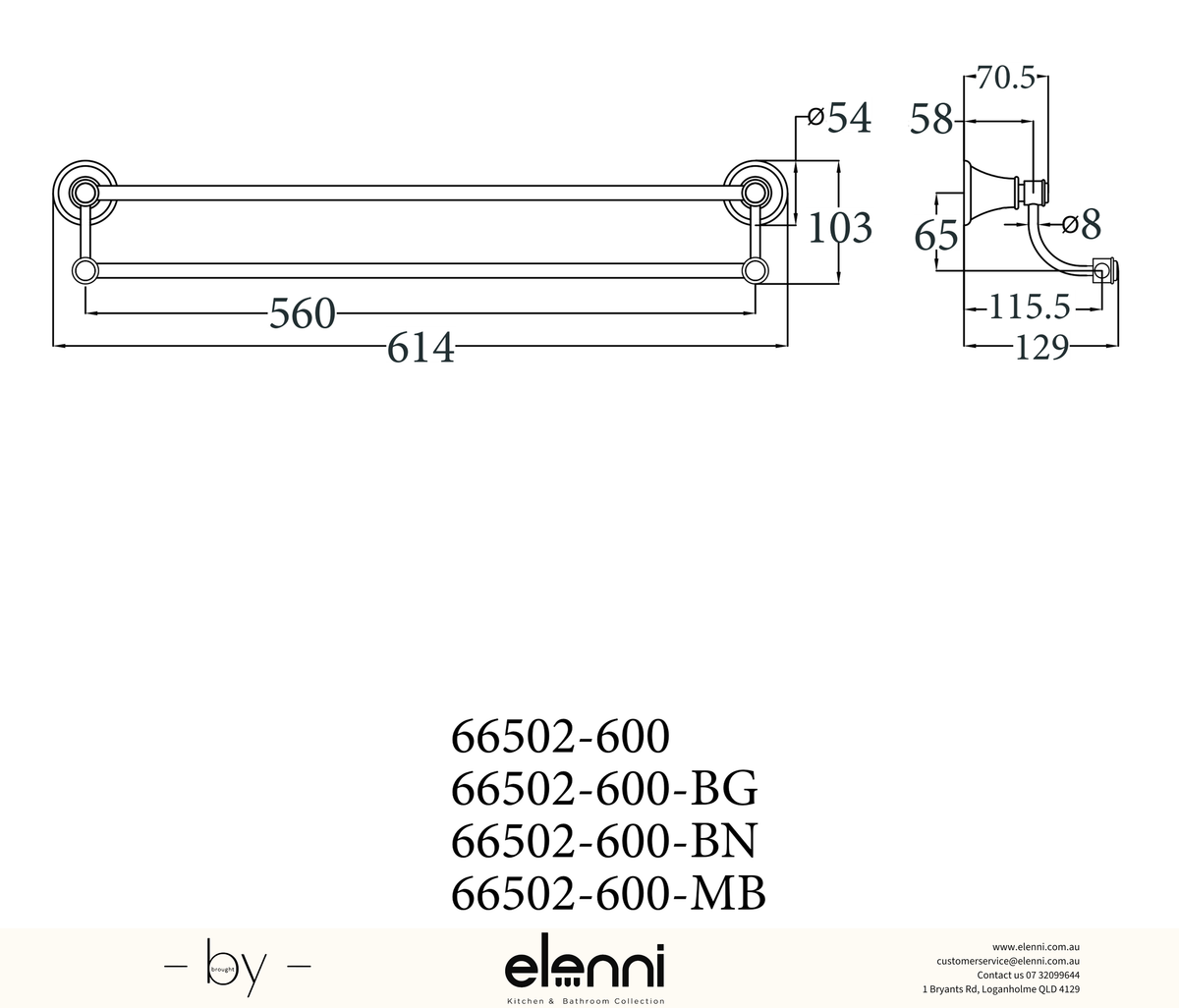 Clasico Towel Rail Double 600mm - Elenni specification drawing