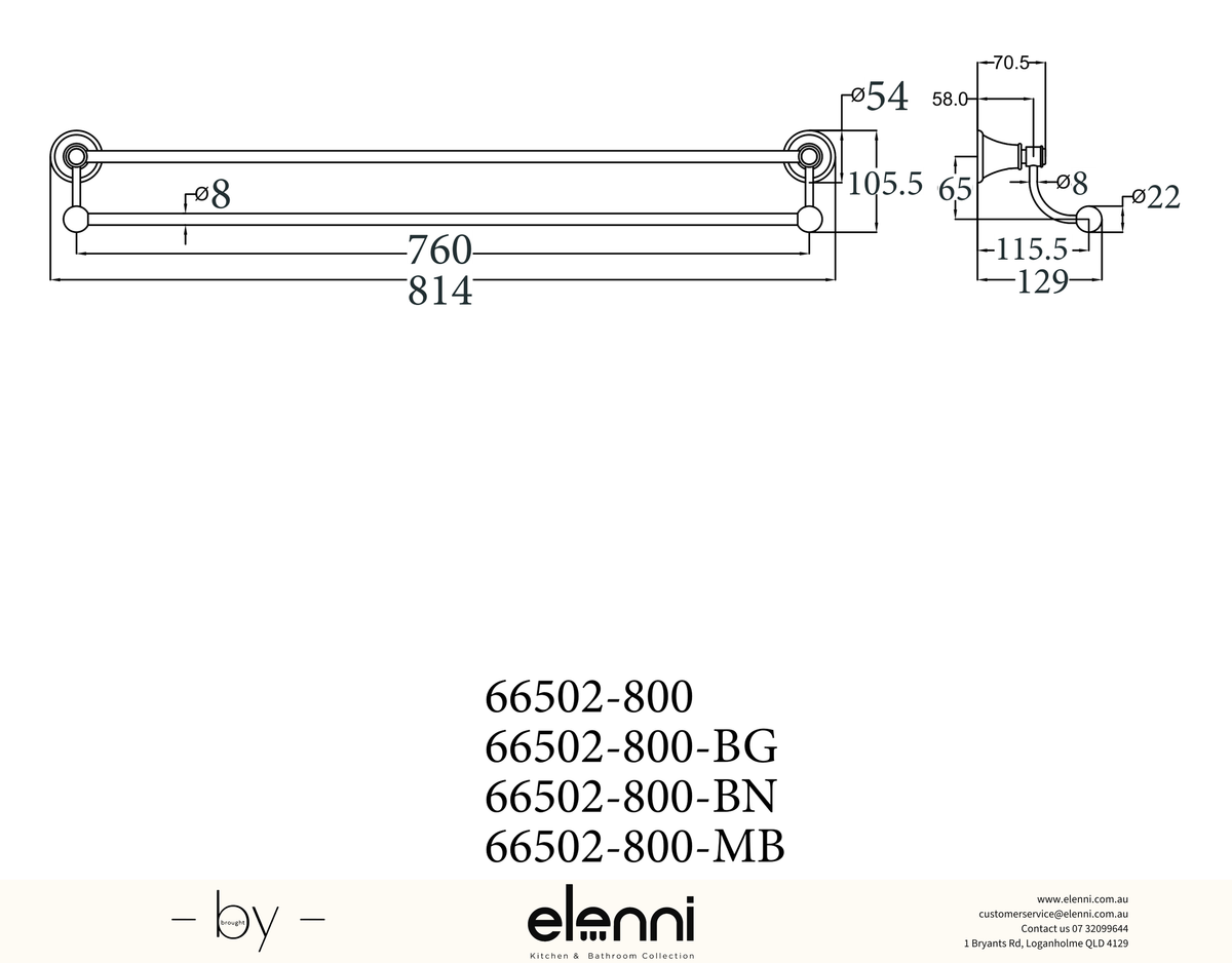 Clasico Towel Rail Double 800mm - Elenni specification drawing