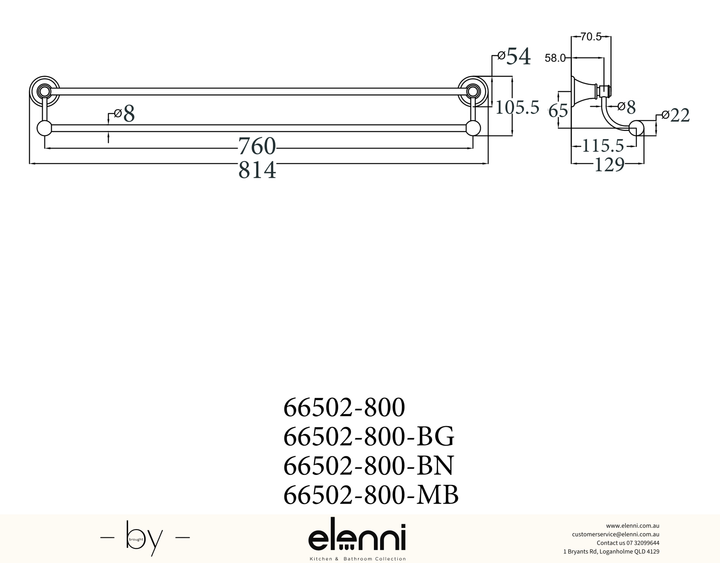 Clasico Towel Rail Double 800mm - Elenni specification drawing