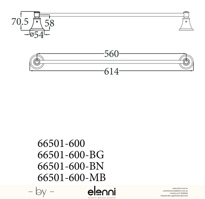 Clasico Towel Rail Single 600mm - Elenni specification drawing