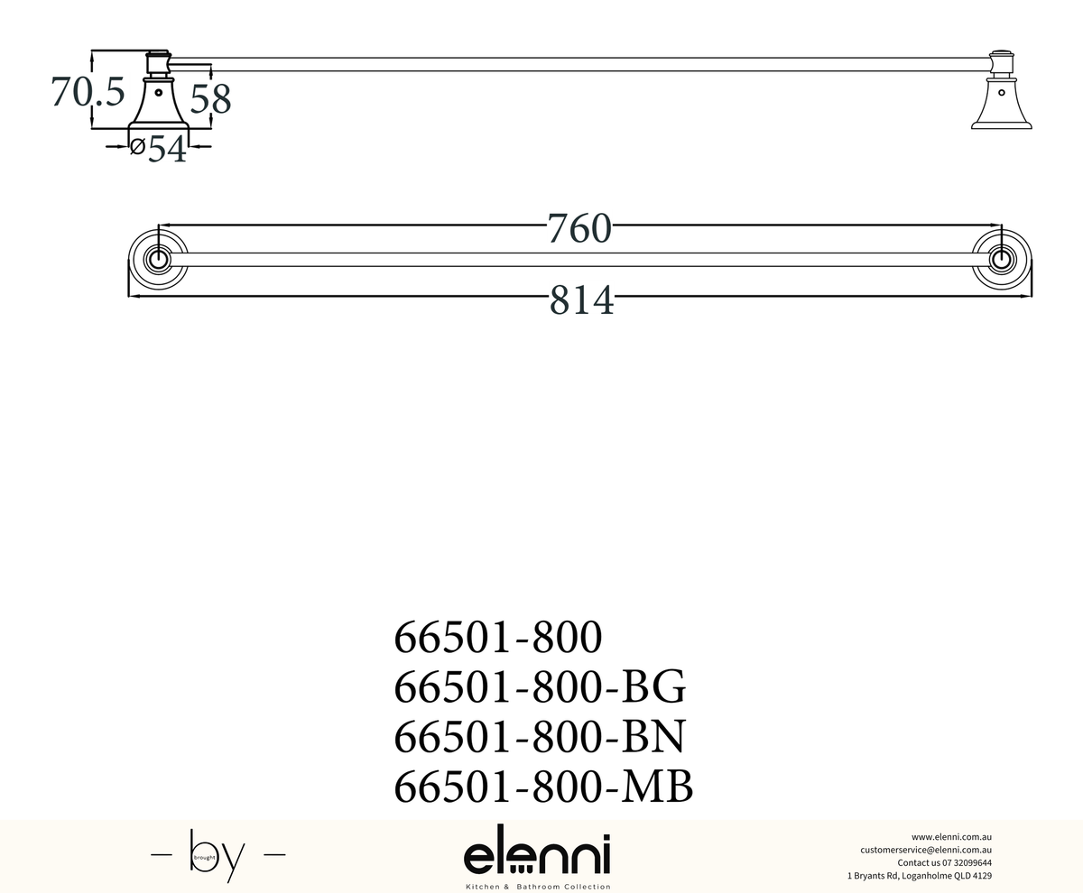 Clasico Towel Rail Single 800mm - Elenni specification drawing