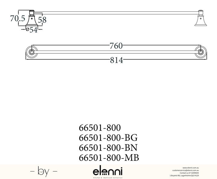 Clasico Towel Rail Single 800mm - Elenni specification drawing