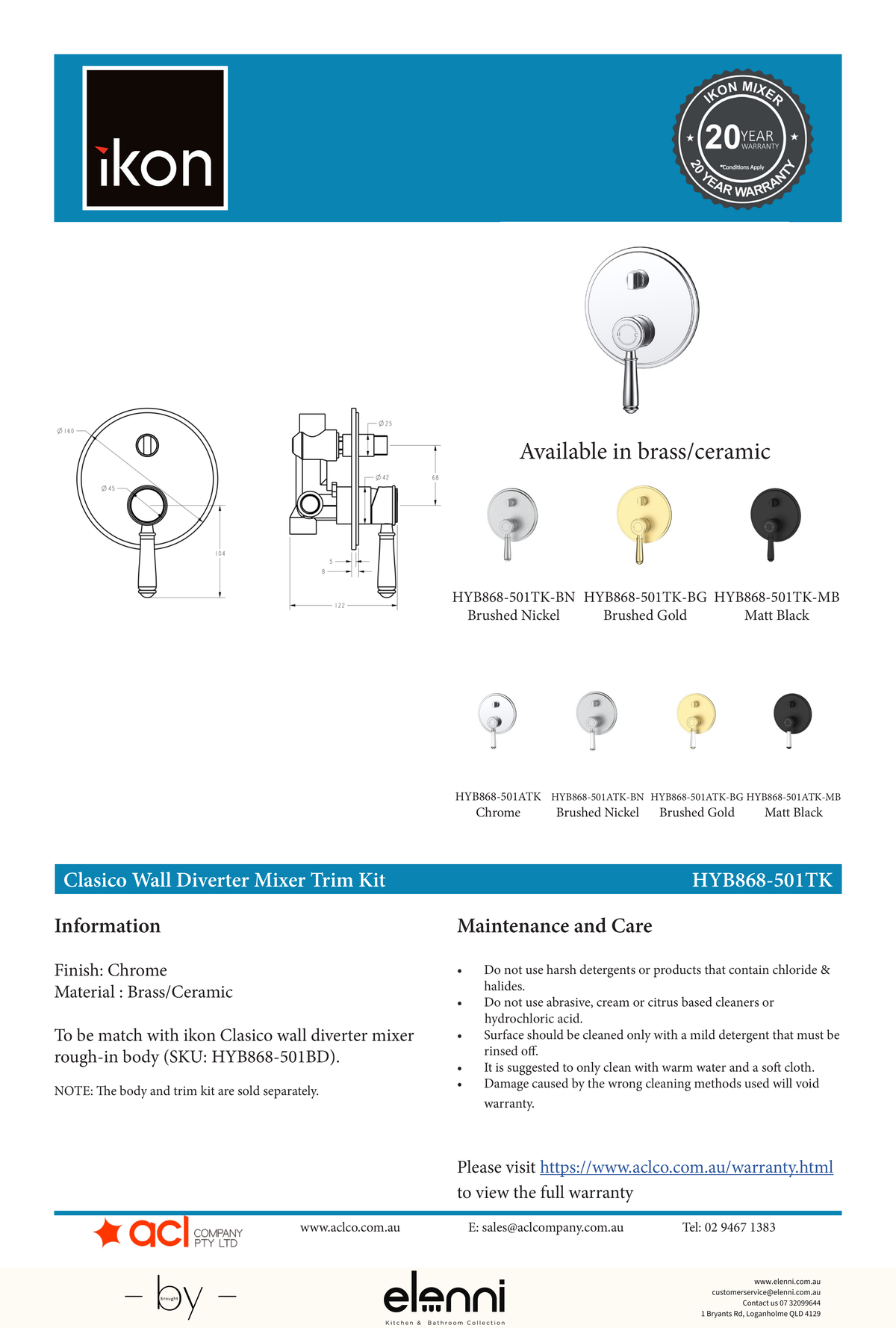 Clasico Wall Mixer Diverter Trim Kit / Ceramic Handle - Elenni specification drawing