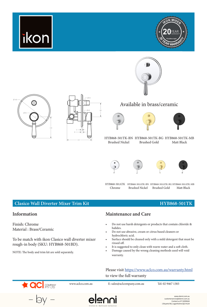 Clasico Wall Mixer Diverter Trim Kit / Ceramic Handle - Elenni specification drawing