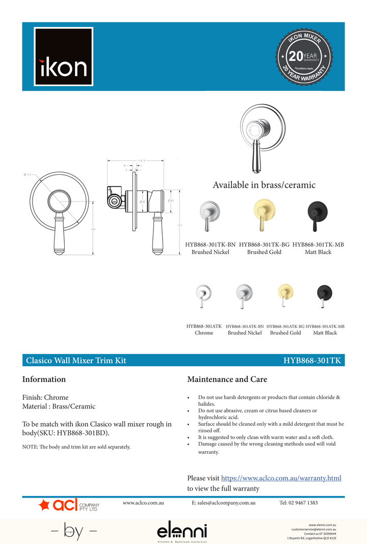 Clasico Wall Mixer Trim Kit / Ceramic Handle - Elenni specification drawing