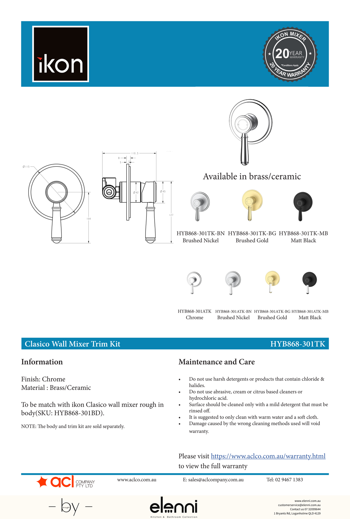Clasico Wall Mixer Trim Kit - Elenni specification drawing