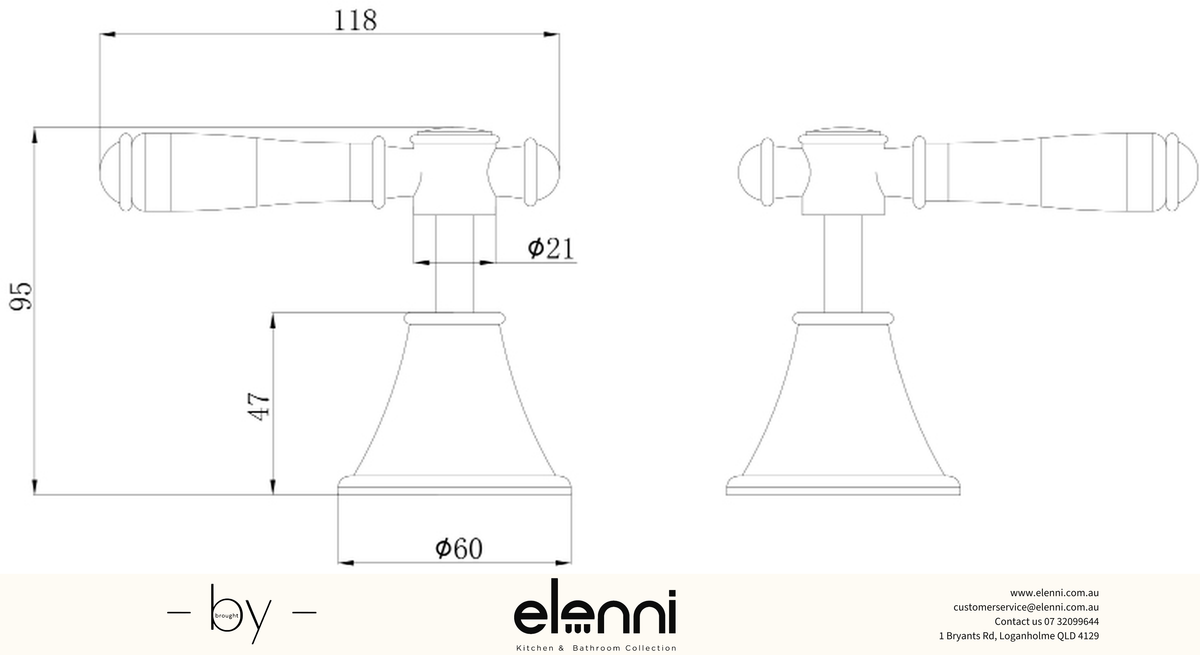 Clasico Wall Top Assembly / Ceramic Handle - Elenni specification drawing