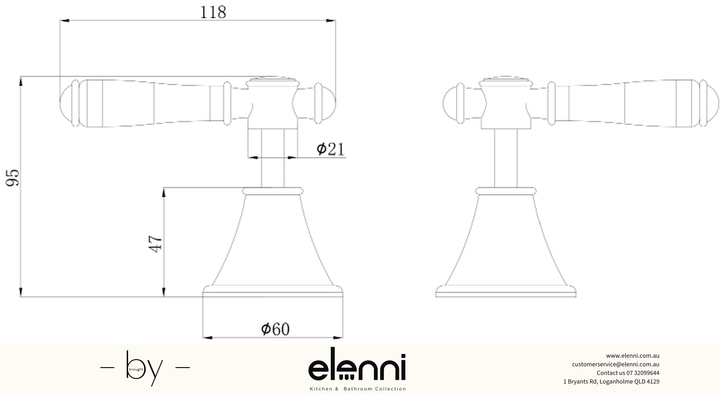 Clasico Wall Top Assembly / Ceramic Handle - Elenni specification drawing
