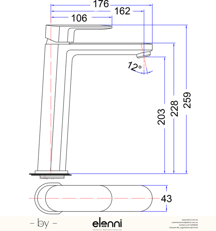 Cora Basin Mixer High Rise - Elenni specification drawing