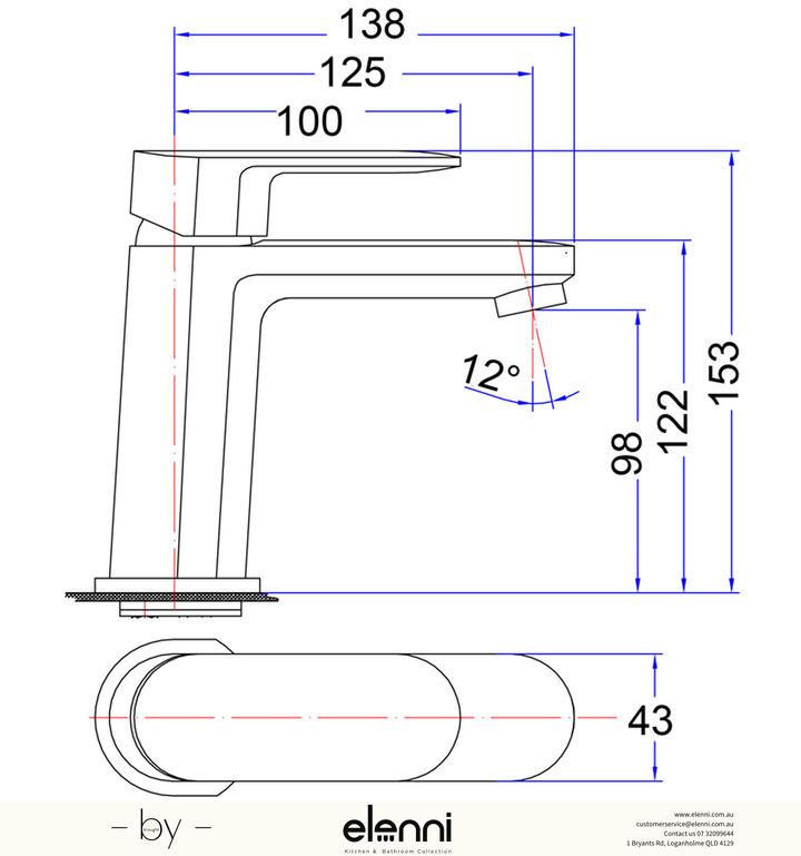 Cora Basin Mixer - Elenni specification drawing