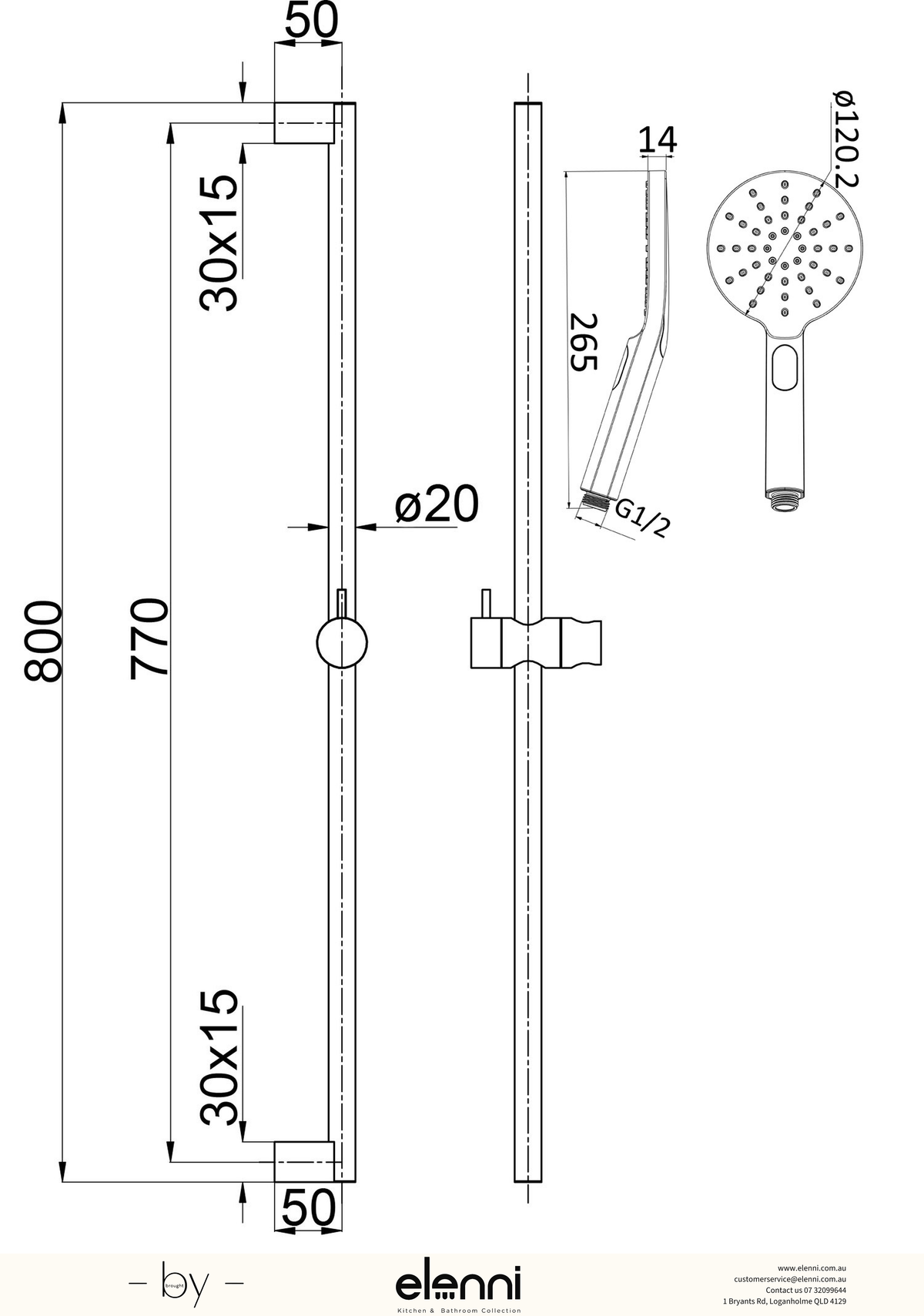 Cora Rail Shower - Elenni specification drawing