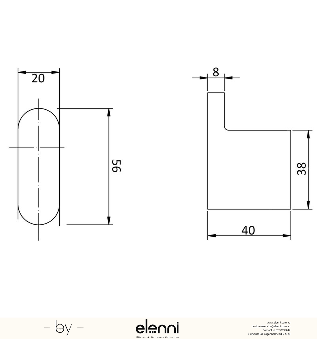 Cora Robe Hook - Elenni specification drawing