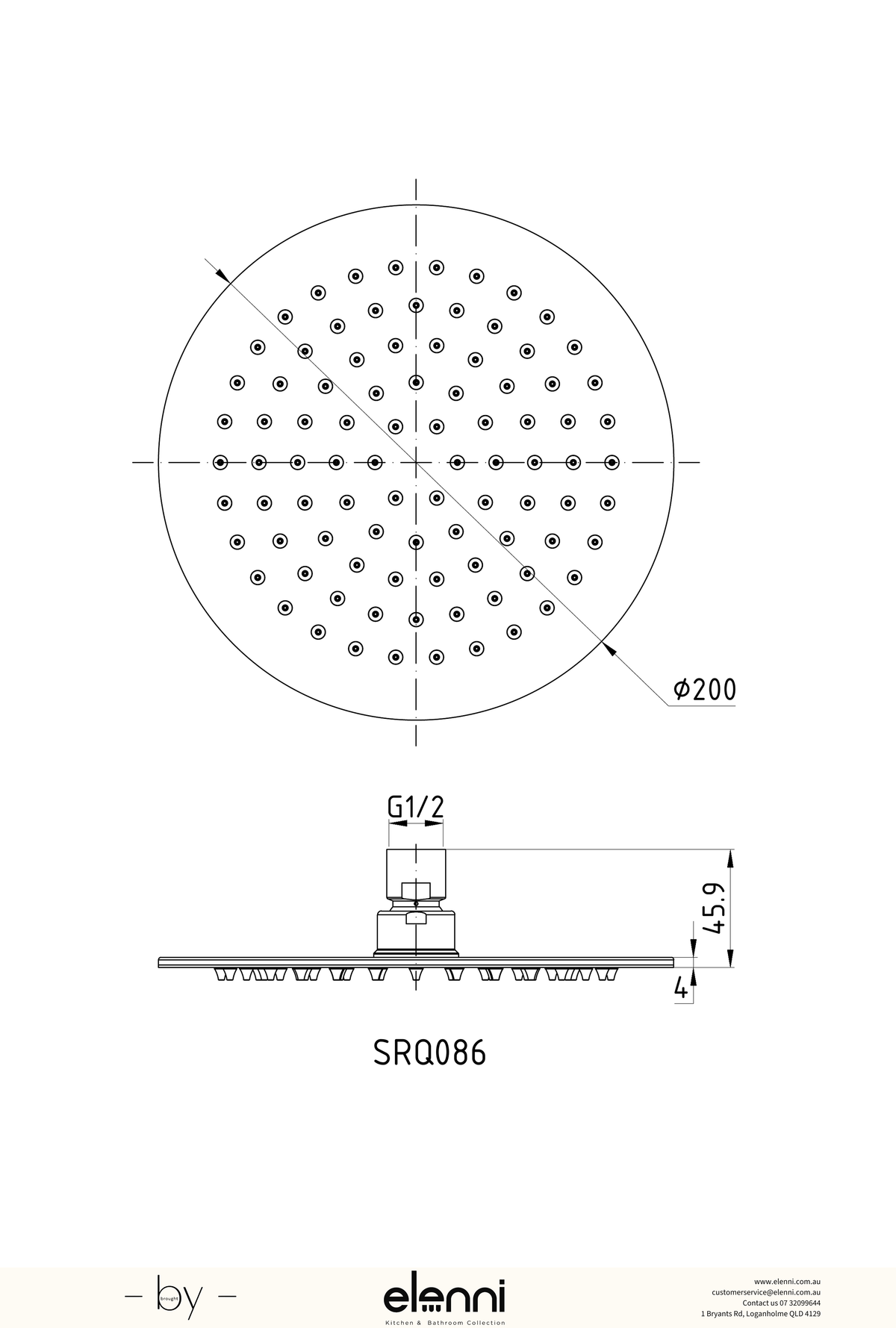 Cora Round Shower Head 200mm - Elenni specification drawing