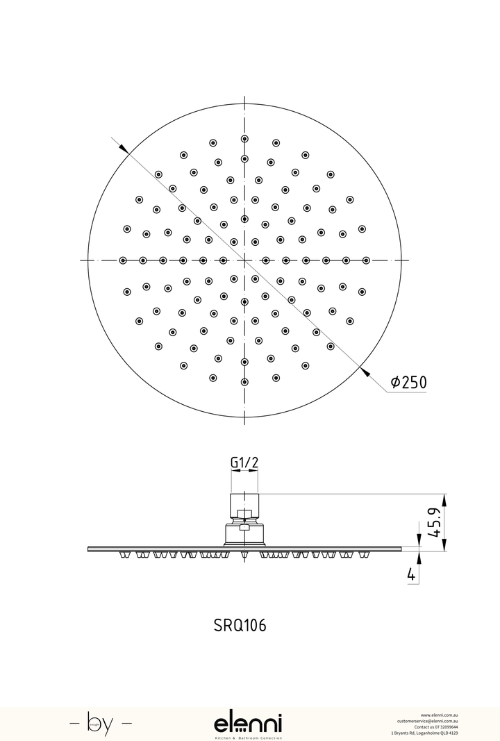 Cora Round Shower Head 250mm - Elenni specification drawing