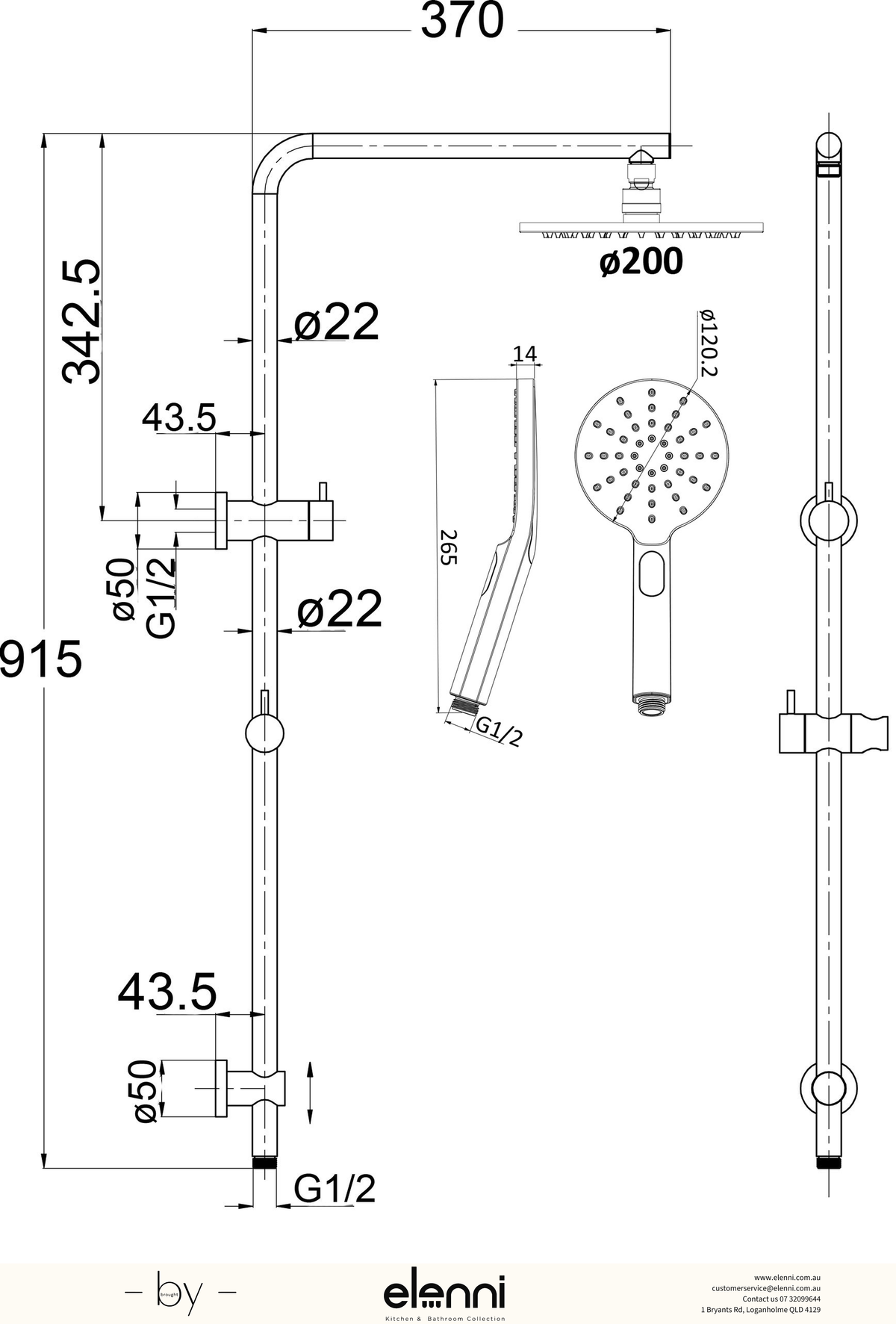Cora Shower Set Multifunction Top Inlet - Elenni specification drawing