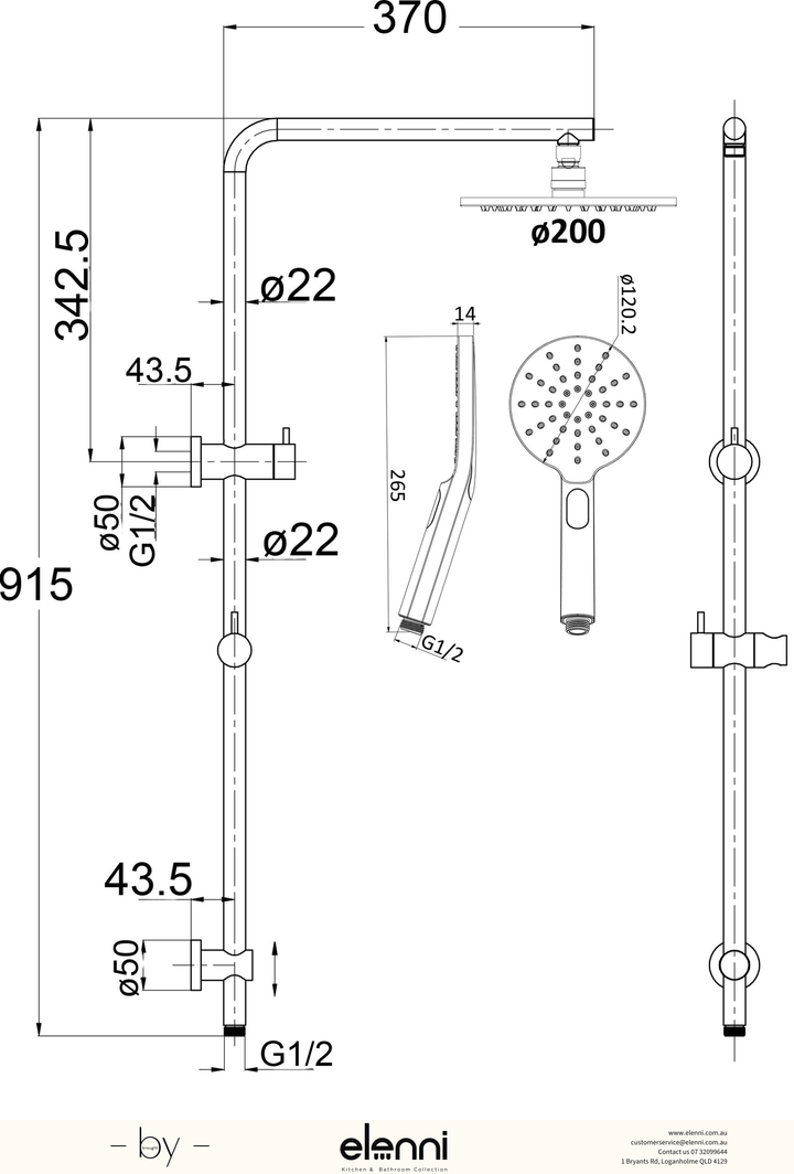 Cora Shower Set Multifunction Top Inlet - Elenni specification drawing