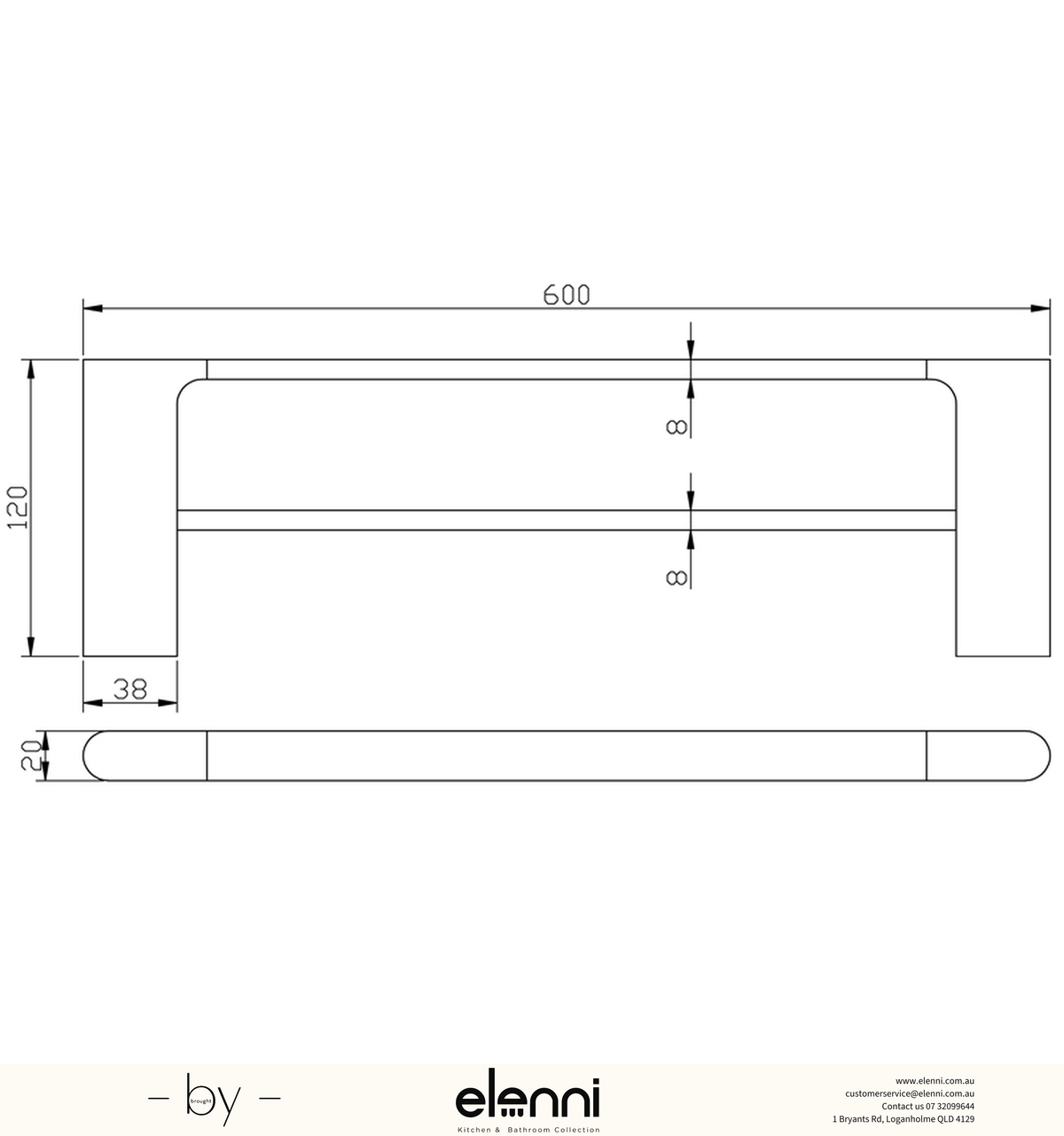Cora Towel Rail Double 600mm - Elenni specification drawing
