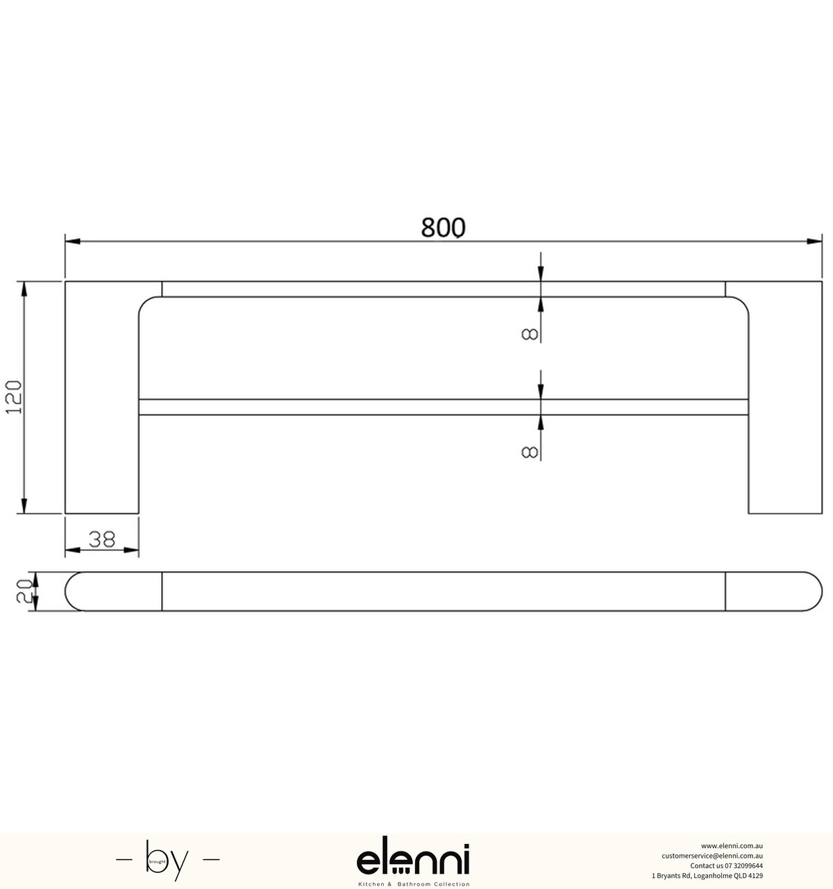 Cora Towel Rail Double 800mm - Elenni specification drawing