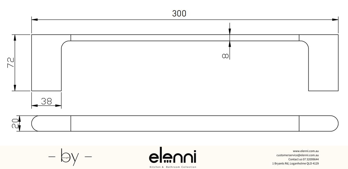Cora Towel Rail Single 300mm - Elenni specification drawing