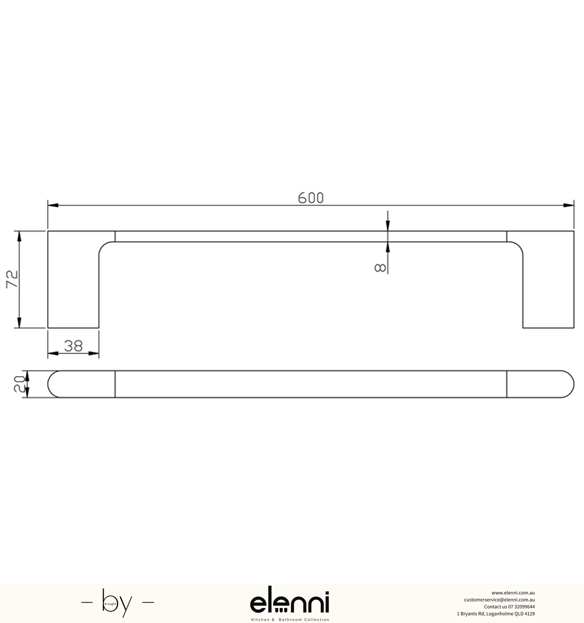 Cora Towel Rail Single 600mm - Elenni specification drawing