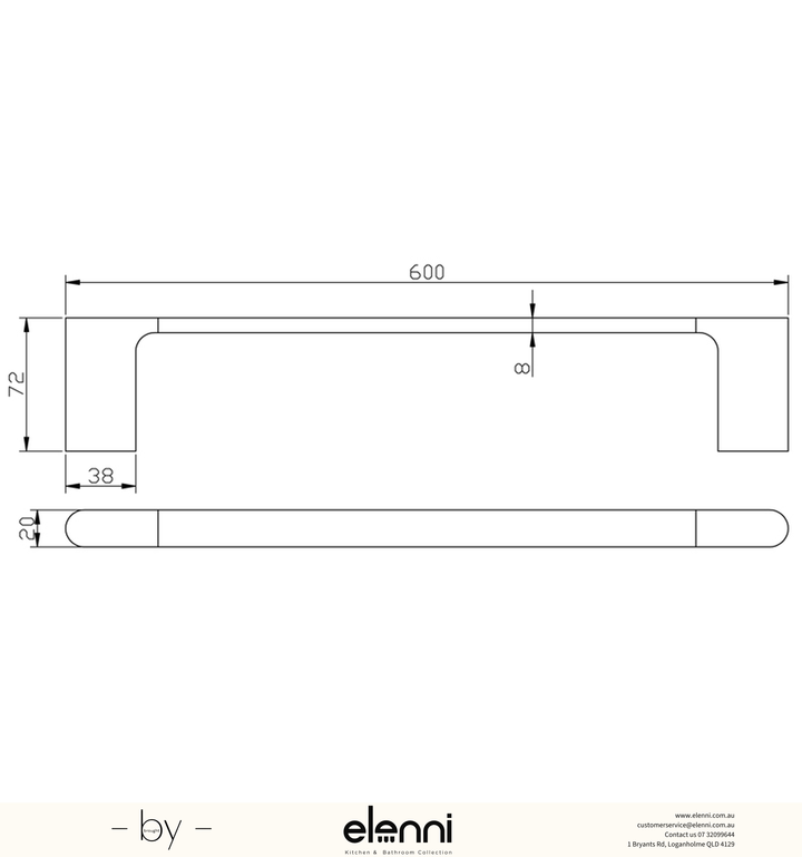 Cora Towel Rail Single 600mm - Elenni specification drawing