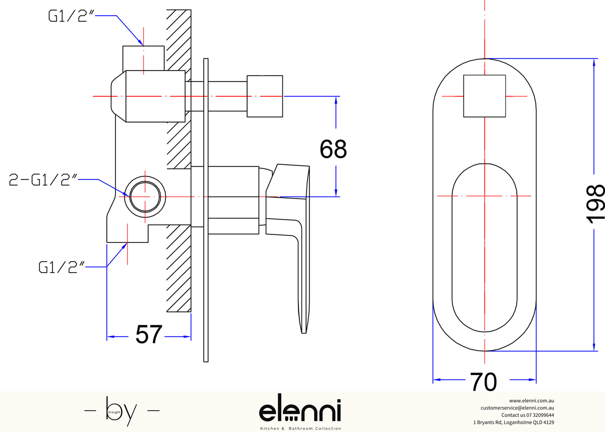 Cora Wall Mixer Diverter - Elenni specification drawing