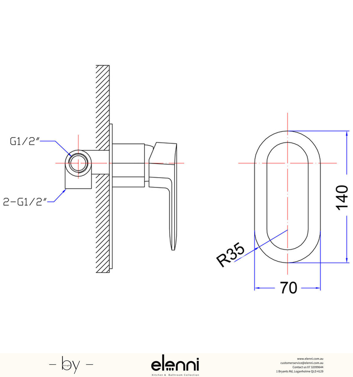 Cora Wall Mixer - Elenni specification drawing
