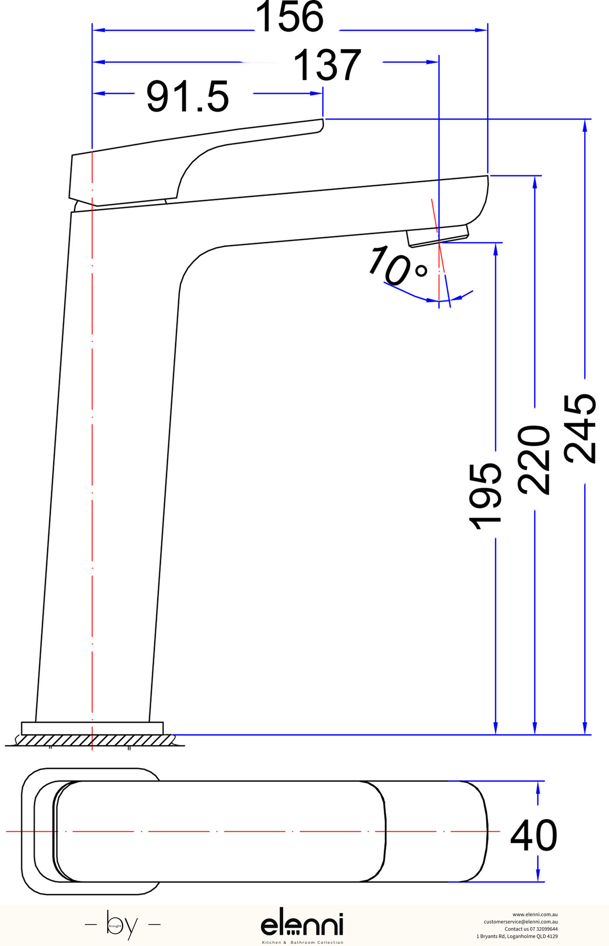 Eden Basin Mixer High Rise - Elenni specification drawing