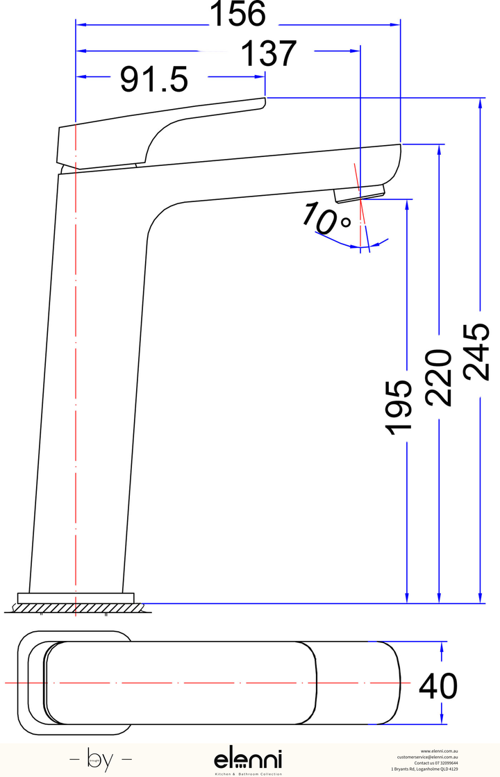 Eden Basin Mixer High Rise - Elenni specification drawing
