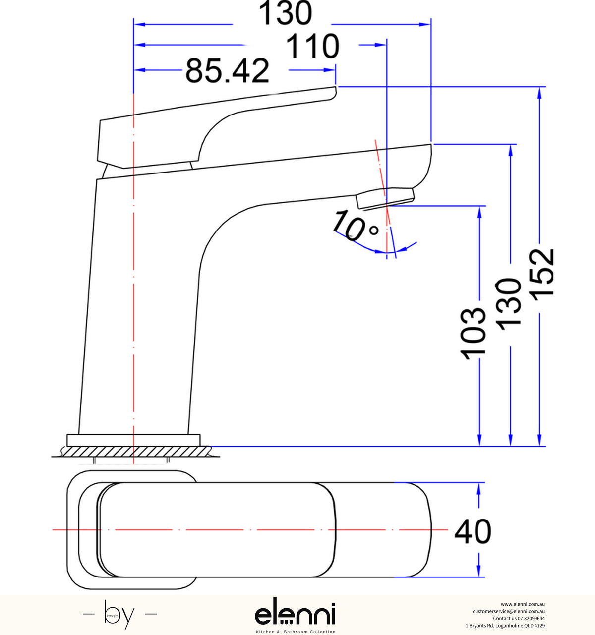 Eden Basin Mixer - Elenni specification drawing