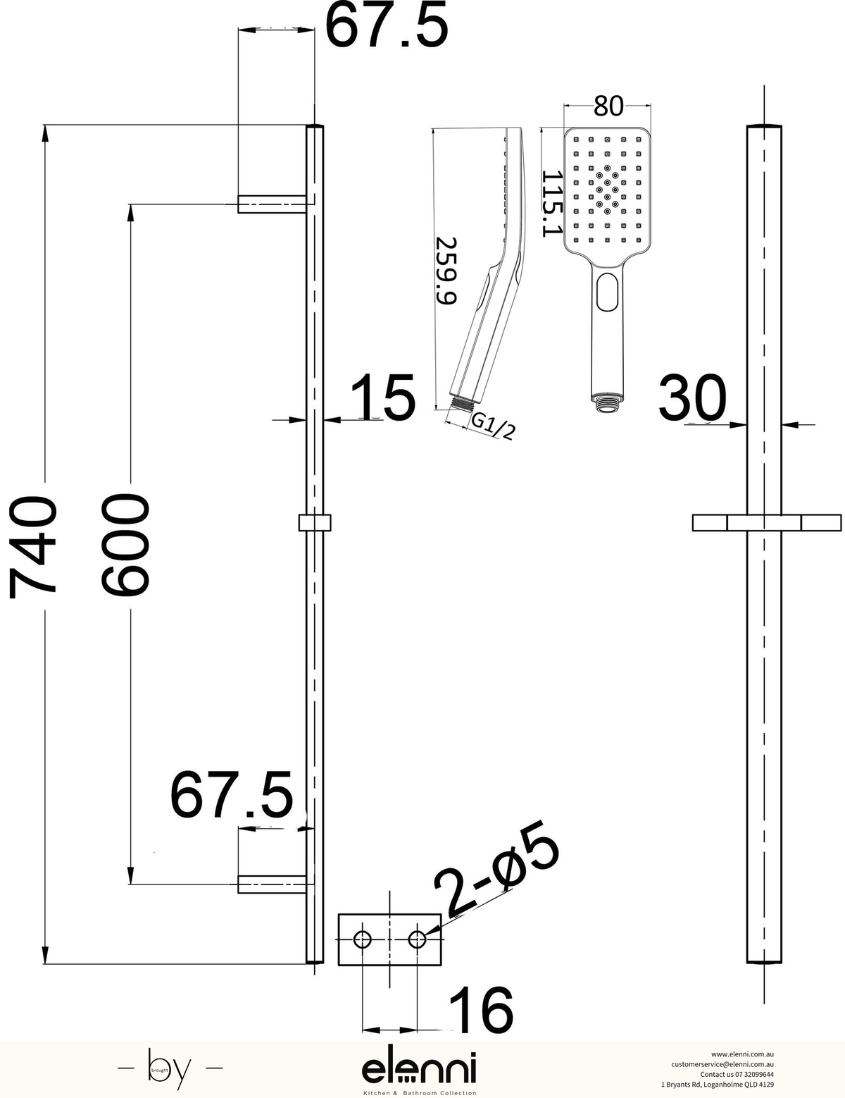 Eden Rail Shower - Elenni specification drawing