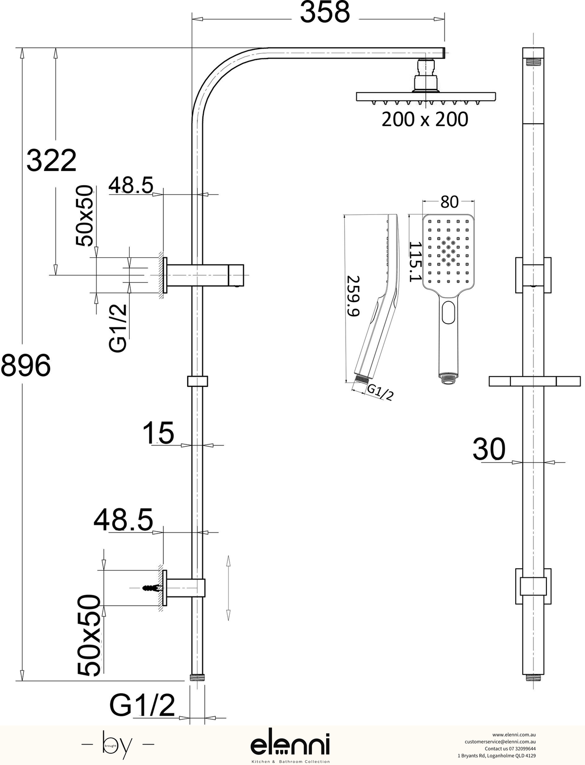 Eden Shower Set Multifunction Top Inlet - Elenni specification drawing