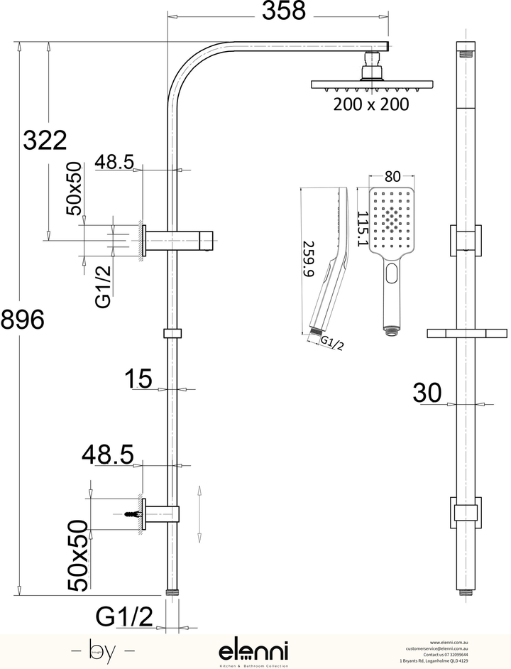 Eden Shower Set Multifunction Top Inlet - Elenni specification drawing
