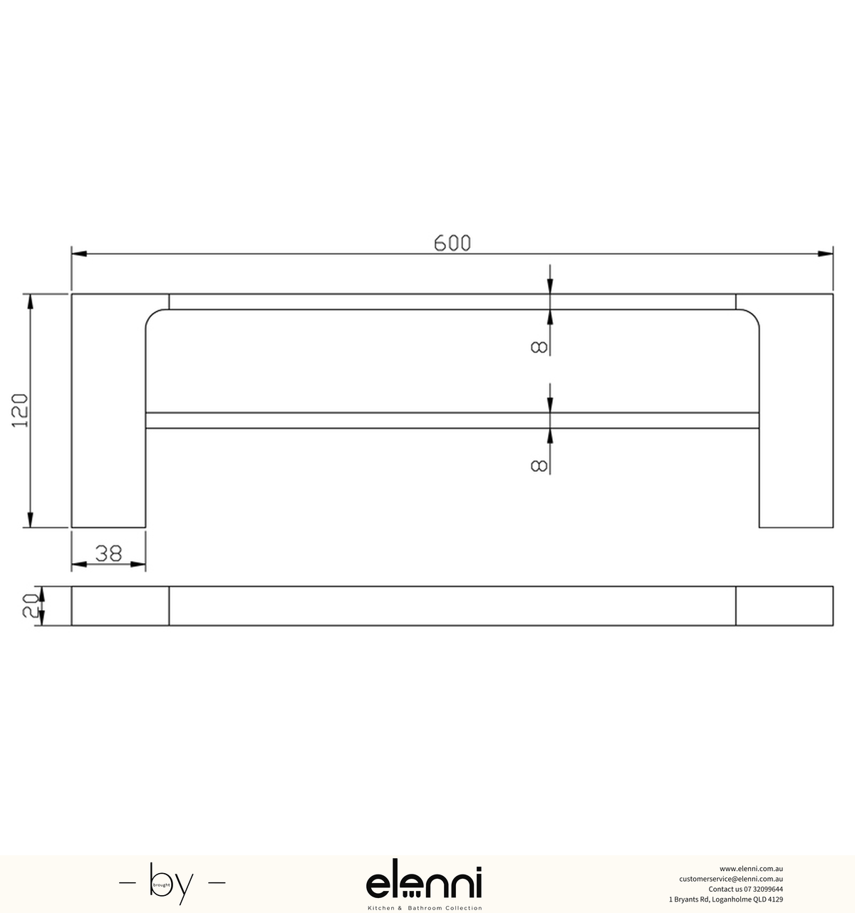 Eden Towel Rail Double 600mm - Elenni specification drawing