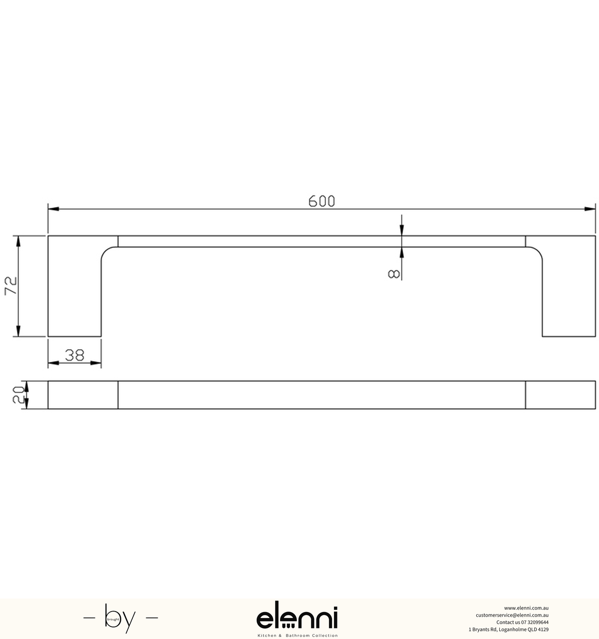 Eden Towel Rail Single 600mm - Elenni specification drawing