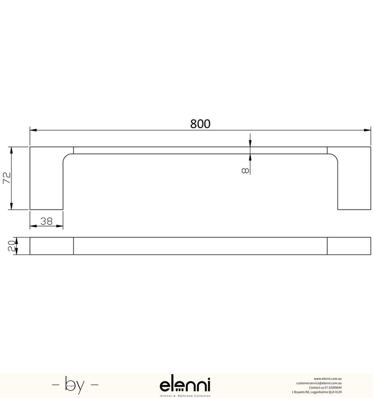Eden Towel Rail Single 800mm - Elenni specification drawing