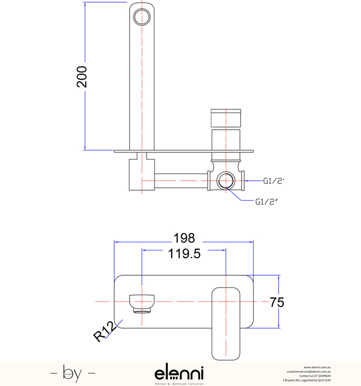 Eden Wall Basin Mixer - Elenni specification drawing